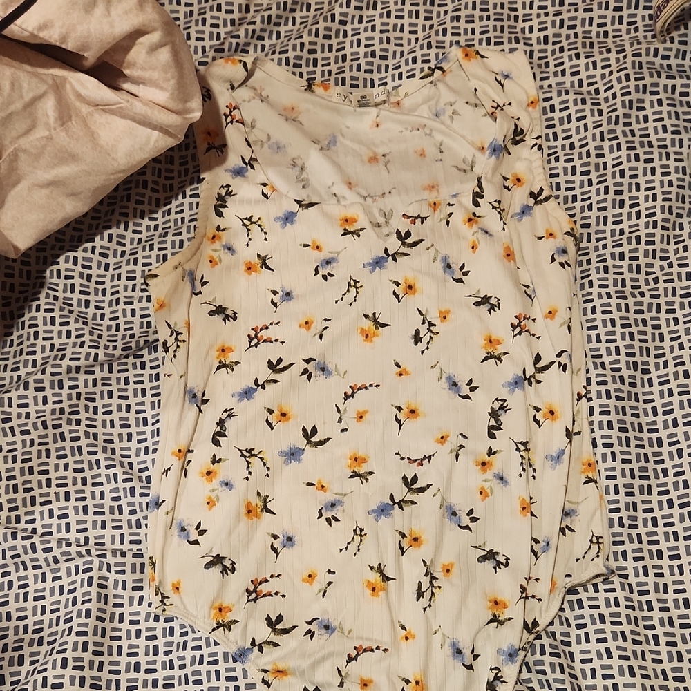 Eye Candy Floral Bodysuit- Cream with Yellow and Blue Flowers